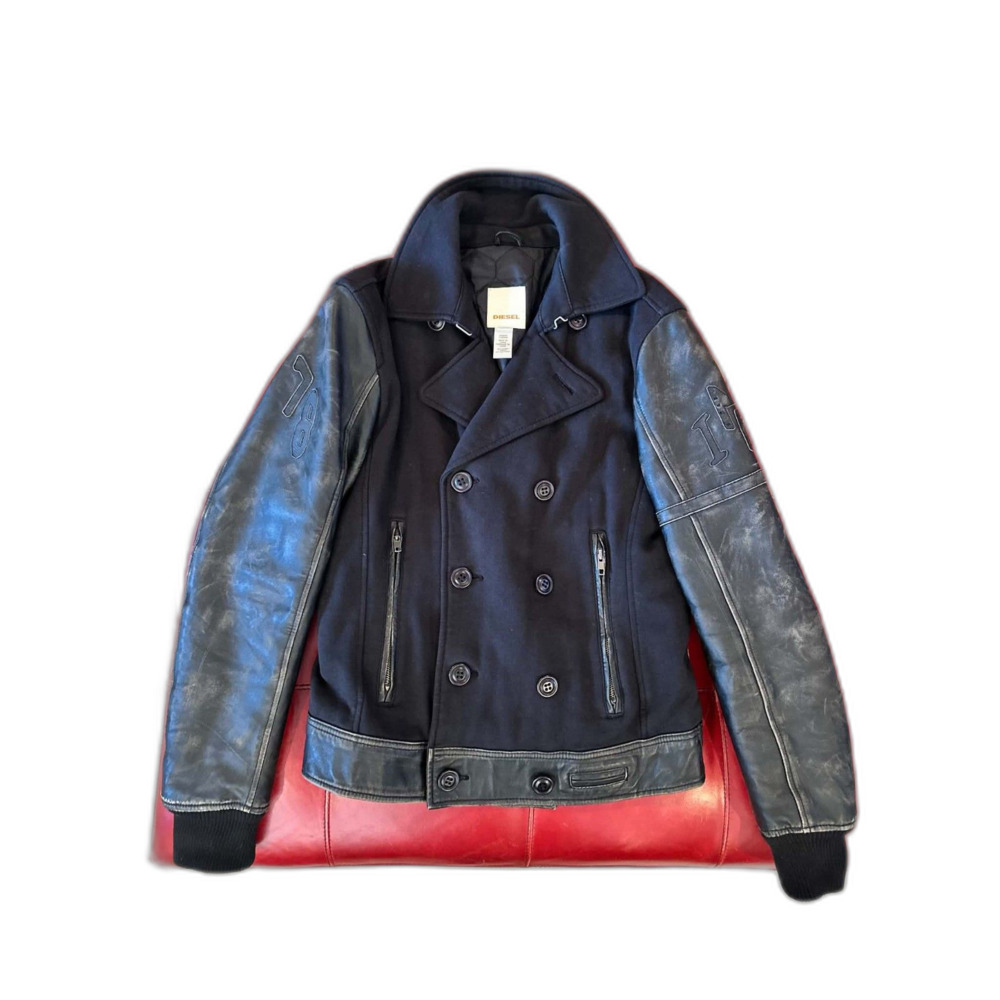 Diesel Wool and Leather Sleeve Peacoat